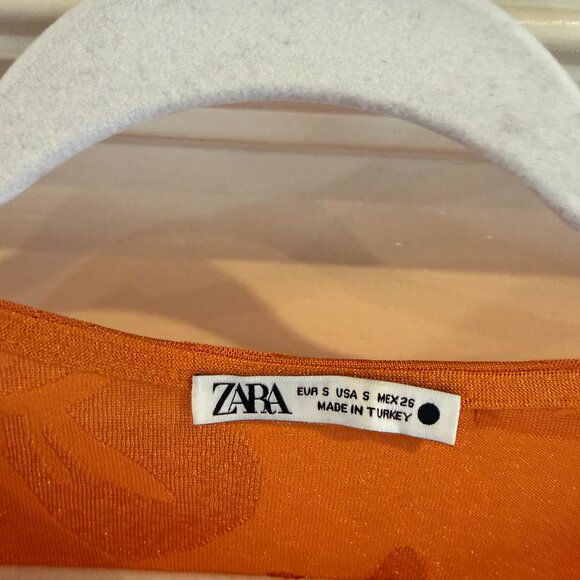 Zara orange jacquard tie front short sleeve long maxi dress Sz Small - Picture 6 of 7